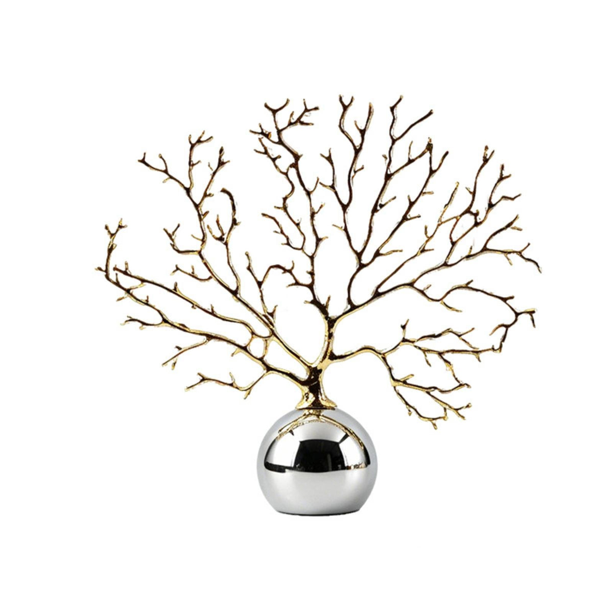 Coral Branch Sculpture with Spherical Base Reflective Metal Coral Statue with Mirror Sphere Abstract Decor for Entryway, Display Cabinet