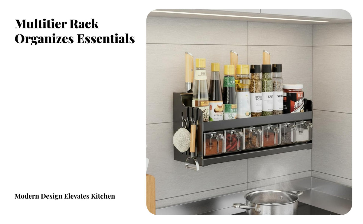 Drillwithout Installation Multi-Compartment Kitchen Organizer Compartmentalized Design Wall Shelf Heavy-Duty Household Storage Detachable Hooks for Home Cooks, Homeowners, Small Apartments, Dorm Rooms, Cabinet Door, Bathroom