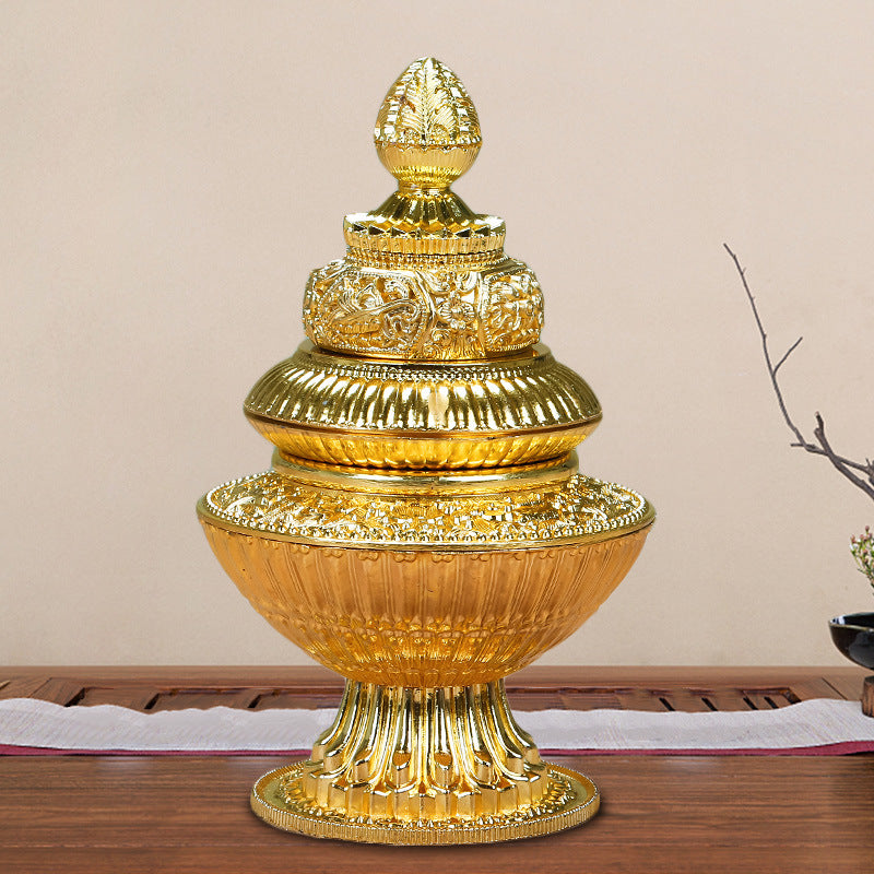 Tibetan Three-Tier Rice Box for Buddhist Altar with Eight Auspicious Symbols
