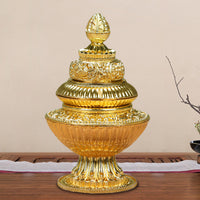 Tibetan Three-Tier Rice Box for Buddhist Altar with Eight Auspicious Symbols