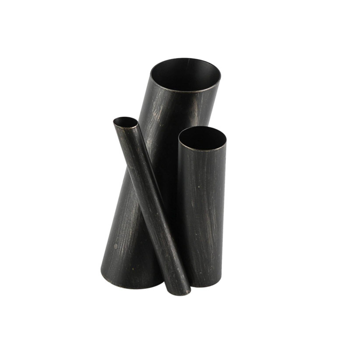 Three-Tube Vase Distressed Metal Tube Vase Sculptural Vessel for Coffee Table