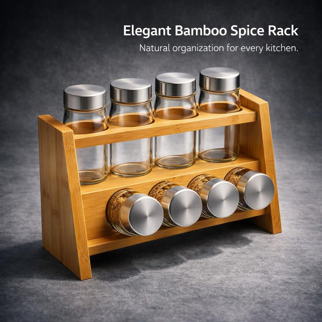 Bamboo Spice Rack with Jars, Countertop Spice Rack Organizer, Two-Tier Spice Rack Small Kitchen, Spice Organiser for Pantry