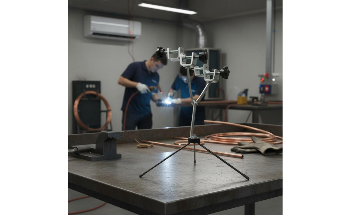 Curved Frame Copper Pipe Joining Clamp Black Knobs Joining Pipe Stand Metal Shop Equipment Silver Finish for Welders, Plumbers, Installation Work