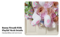 Festive Easter Bunny Wreath Cute Design Rabbit Door Decoration Colorful Ribbons Bunny Wreath Handmade Look for Party, Wall Decor, Farmhouse