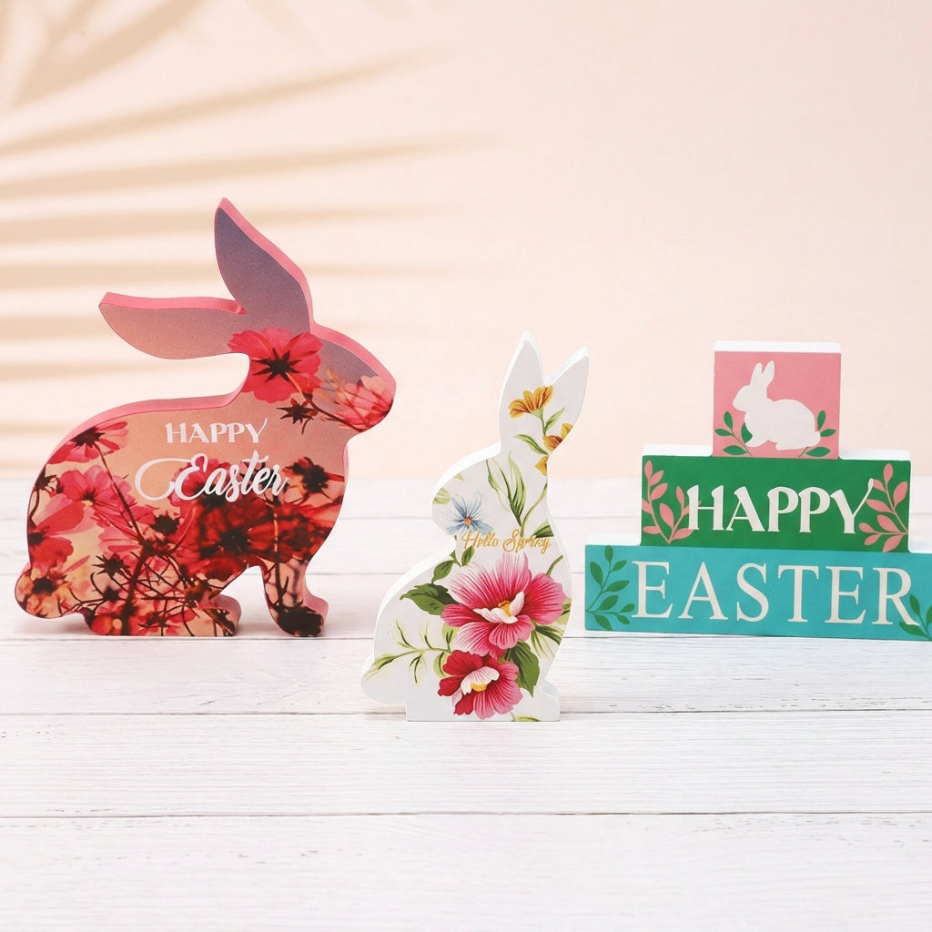 3 Pieces Easter Bunny Decoration Set DIY Wooden Bunny Figurines Sturdy Wood Wooden Bunny Figurine for Homeowners, Families, Mantlepiece, Shelf, Home