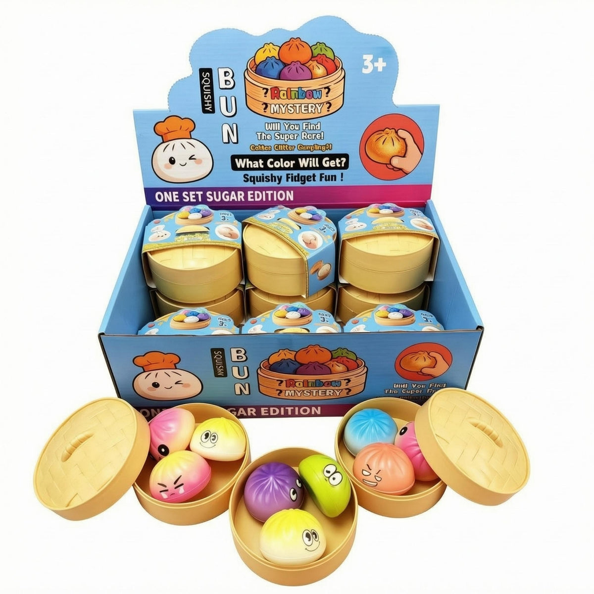 36 Pieces Slow Rebound Steamed Bun Squishy PU Round Bun Squishy Toy Cartoon Face Play Item Gold Tray