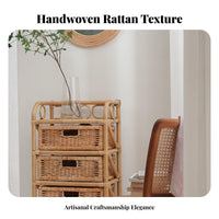 Japanese Aesthetic Wicker 4-Drawer Unit Hand-Woven 4-Drawer Basket Stand Natural Design Storage Cabinet Multi-Purpose for Homeowners, Renters, Parents, Bedroom, Living Room, Balcony, Bathroom