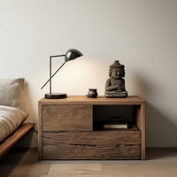 Wabi-Sabi Aesthetic Bedside Nightstand Distressed Finish Side Table Minimalist Design Small Cabinet Single Door Storage for Homeowners, Bedroom, Hotel, Guest Room