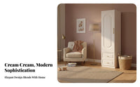 Creamy cream Finish Single Door Glass Wardrobe Modern Minimalist design Wardrobe with Glass Doors and Drawers French Inspired Bedroom Furniture Space-Saving Design for Homeowners, Apartment Dwellers, Renters, Guest Room, Cloakroom, Entrymethod