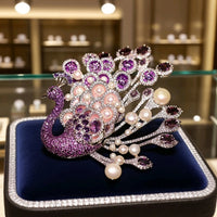 Luxury Freshwater Pearl Peacock Brooch with Amethyst and Zircon, Original Design