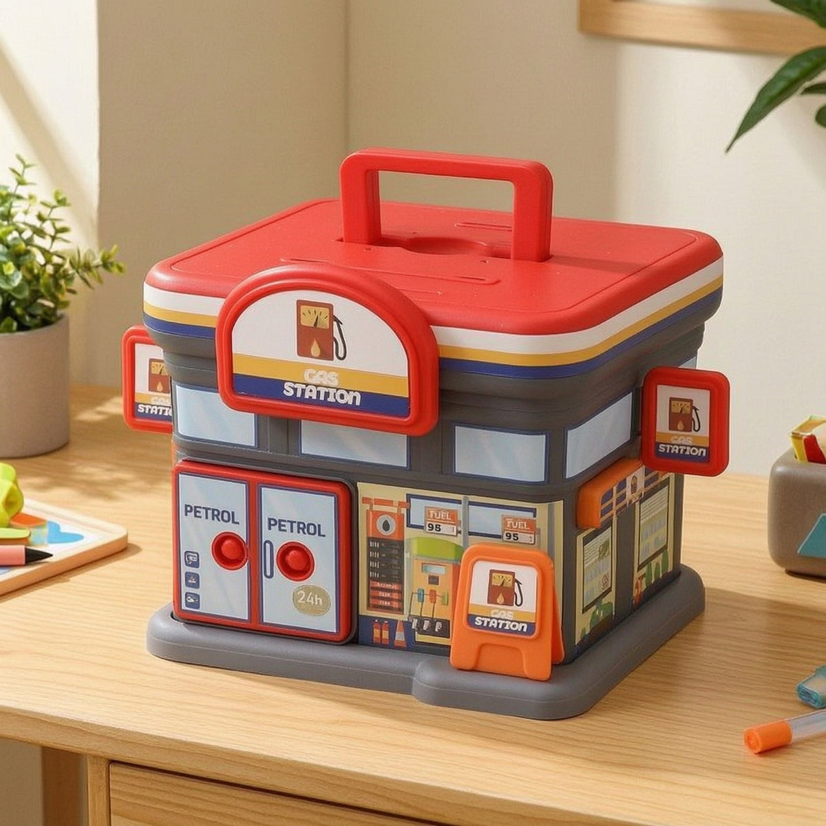 Novelty Gas Station Piggy Bank Toy-Like Money Bank with Handle Decorative Plastic Savings Jar Portable for Children, Boys, Toddlers, Playroom, Bedroom, Desk