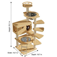 5-Tier Wood Cat House with Scratching Posts and Feeding Bowls, Oak Board Activity Centre Featuring a Comfortable Perch and Bed for Indoor Cats