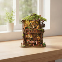 DIY Treehouse Kit Woodland Miniature House with Light String Miniature House with LED Light Creative Bookcase Insert Decorative