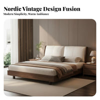 Leather Headboard Bed Mortise and Tenon Joinery Solid Wood Bed Frame Heavy Duty Support