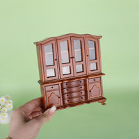 Vintage Pine Wood Miniature Glass Display Cabinet with Drawers for Dollhouse