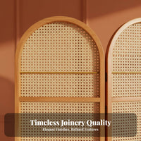 Foldable Design Arched Rattan Screen with Shelves French Design Folding Screen with Shelves Movable Room Divider Freestanding for Apartment Dwellers, Homeowners, Telecommuting Workers, Bedroom, Home Office, Dining Area