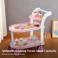 Pink and White Wooden Toy Cart Curved Handle Wooden Rolling Cart Open Shelves Children's Furniture Rounded Edges