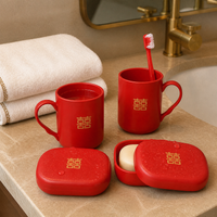 Wedding Bathroom Set with Toothbrush Holders, Cups, and Soap Dish - Red Bridal Essentials