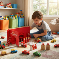 Wooden Fire Station Set Painted Fire Assist Toy Scene Bright Red Firefighter Figure Set for Kids