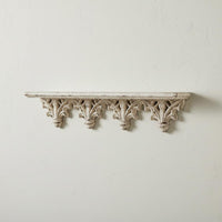 Carved Display Shelf Distressed White Finish French Decorative Wall Shelf Wood Construction for Photo Backdrop