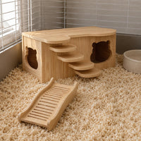 Stepped Platform Hamster Hideout House Natural Wood Wooden Hamster House Polished Finish Bear Cutout Hideout Rounded Edges for Enclosure Interior