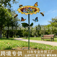 Iron Metal Sunflower Bird Bath with Butterfly and Bee Feeder