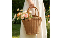 Flower Basket with Bow Natural Gift Basket with Handle Rustic Elegant for Florists, Weddings, Picnics