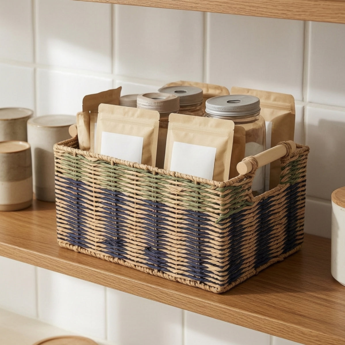 Woven Paper Rope Storage Basket Handmade Storage Basket with Handles Sturdy for Countertop, Kitchen