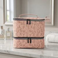 Portable Two-Tier Makeup Bag Boxy Cosmetic Storage Bag with Handle Zippered Travel Cosmetic Organizer Large for Travelers