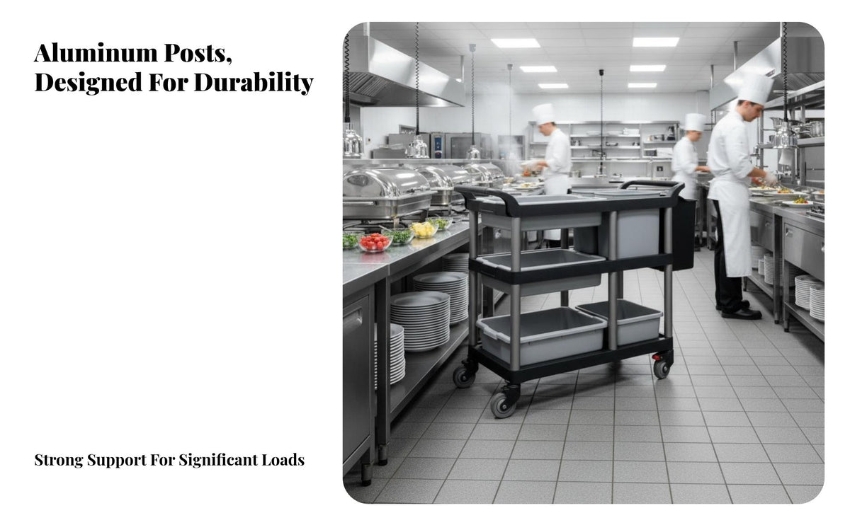 Quiet casters 3-Tier Food Trolley Rolling Casters utility Cart Easy to Clean Catering Equipment sturdyDuty for Restaurant Staff, Commercial Users, Cafeteria, Banquet Hall, Hospital, Warehouse