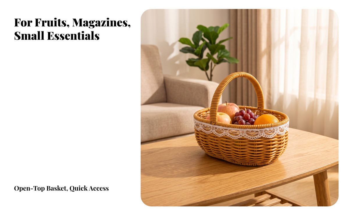 Woven Basket with Lace Trim | Reinforced Wrapped Rim, warm brown Wicker Basket, for Kitchen