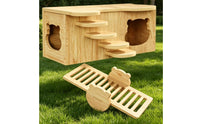 Stepped Platform Hamster Hideout House Natural Wood Wooden Hamster House Polished Finish Bear Cutout Hideout Rounded Edges for Enclosure Interior