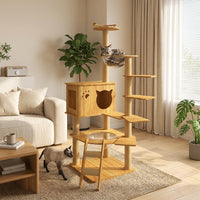 Cat Climbing Frame Activity Center and Playground with Perch, Wood Grain Finish Density Board Round Base Hammock for Large Indoor Cats Paradise