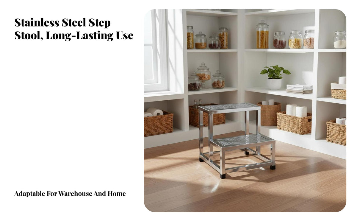 Rust-Resistant Stainless Steel Step Ladder Anti-Skid Foot Pads Warehouse Picking Steps Long-Lasting Multi-Step Platform Stool Heavy Duty for Homeowners, Shopkeepers, Storeroom, Kitchen, Office, Garage