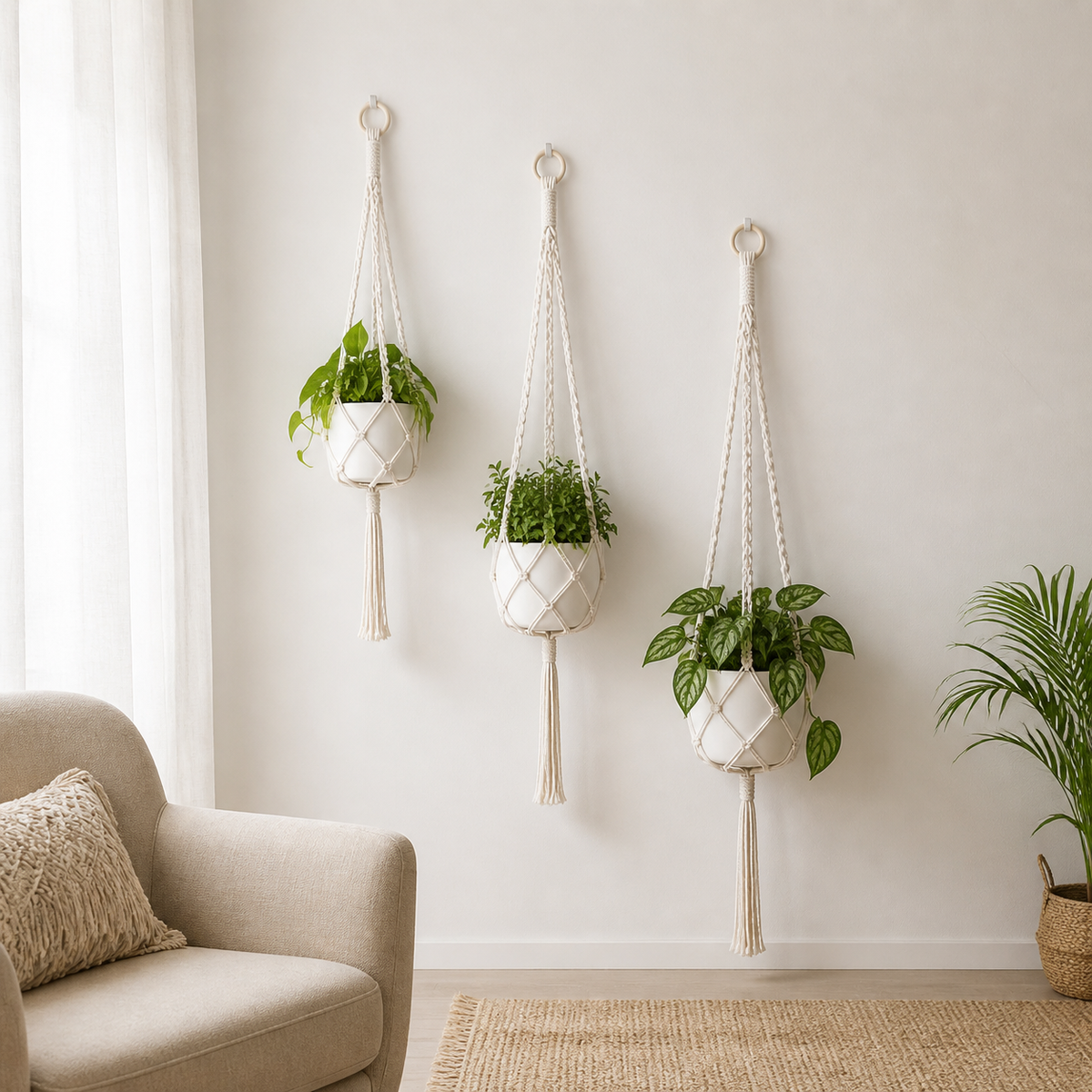 Macrame Plant Hanger, Handmade Rope, Pale Neutral Bohemian Hanging Planter with Hooks, Indoor Outdoor Decor