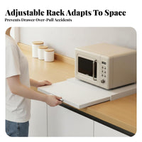 Space Saving Extendable Microwave Shelf with Drawer Multi-Purpose Pull-out Kitchen Counter Shelf Sturdy Metal Construction Extendable Kitchen Rack High Load Capacity for Home Cooks, Homeowners, Office Workers, Pantry, Dorm Room