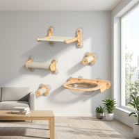 Cat Bed and Climbing Frame with Shelves and Perch, Wall Mounted Suction Cups Wood Furniture for Large Indoor Cats and Kittens Playing Climbing