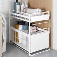 Under Sink Storage, 2 Tier Pull Out Cupboard Organiser, White Metal Kitchen Storage with Sliding Drawer, Space Saving for Cleaning Supplies