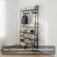 Space-Saving Design Multi-Tier Shoe Shelf with Hooks Large Capacity Shoe and Coat Rack Stable Structure Entryway Stand with Hooks Sturdy Construction for Apartment Dwellers, Homeowners, Hallway, Behind the Door, Mudroom, Dorm Room