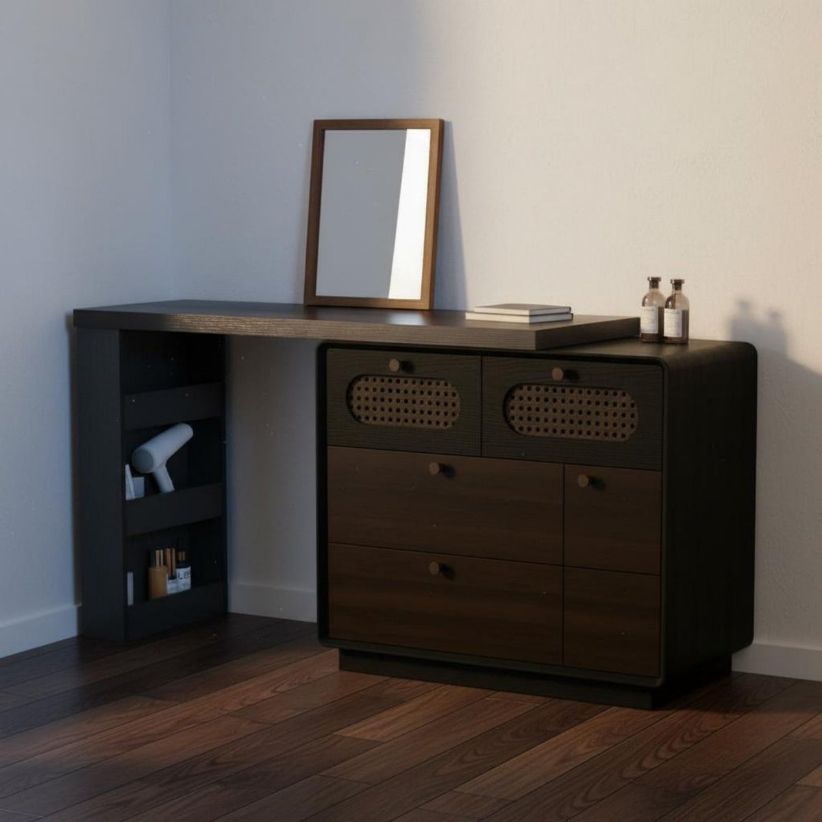 Easy to Clean Dressing Table with Storage Cabinet Adjustable Configuration Vanity with Chest of Drawers Scratch-Resistant Extendable Dressing Table Waterproof for Small Areas