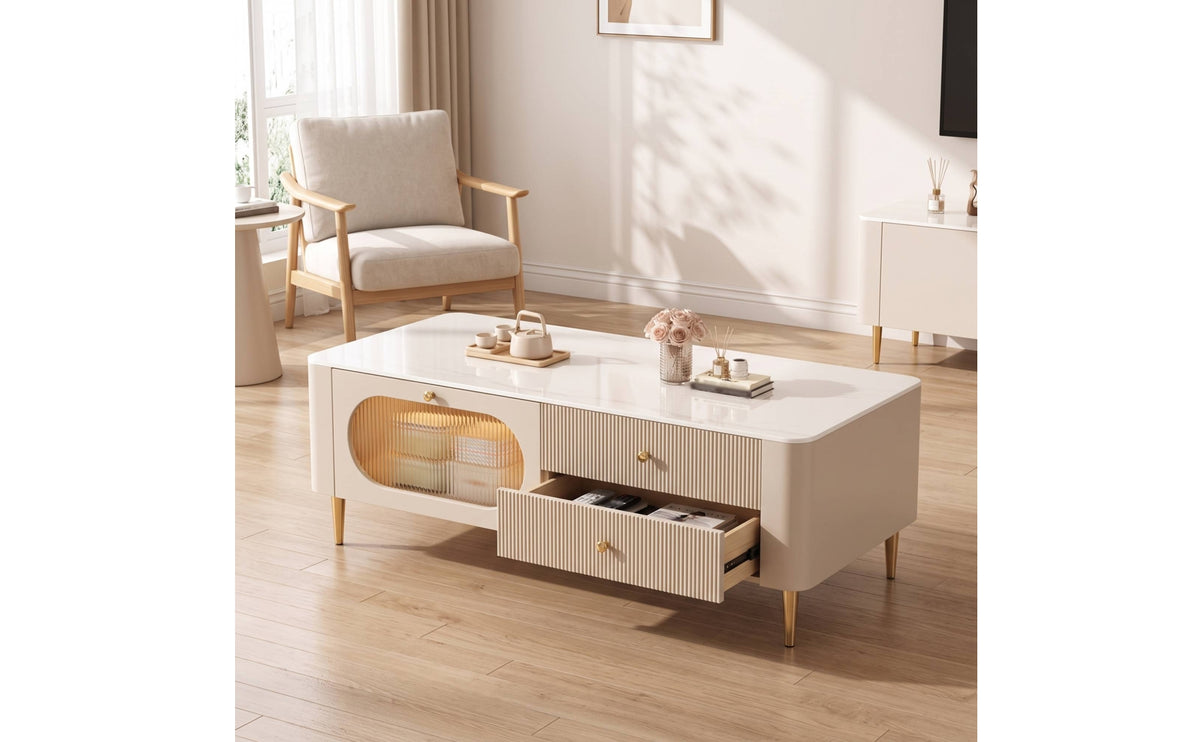 Fluted Coffee Table Modern Coffee Table with Drawers Low-Profile Furniture for Living Room, Apartment