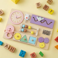 Natural Wood Educational Busy Board Hands-on Wooden Busy Board Pink-Accented Interactive for Toddlers, Preschoolers, Early Learning