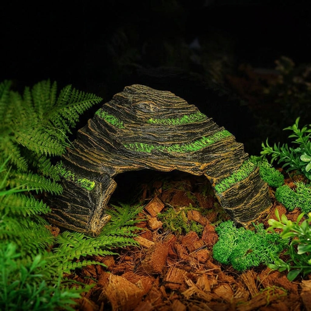 Snake Hide and Textured Aquarium Cave, Corner Hideaway for Small Reptiles, Dark Brown Vivarium Decoration for Terrarium and Aquatic Animals