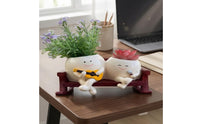 Smiling Faces Rocking Chair Planter Wooden Base Cartoon Plant Pot Set Cute Design Grinning Flower Pot Wood-Grain