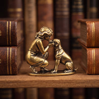 Antique Bronze Finish Girl and Dog Figurine Brass-Colored Girl with Dog Figurine Sculpted Sculpture Heartwarming for Bookshelf, Desk
