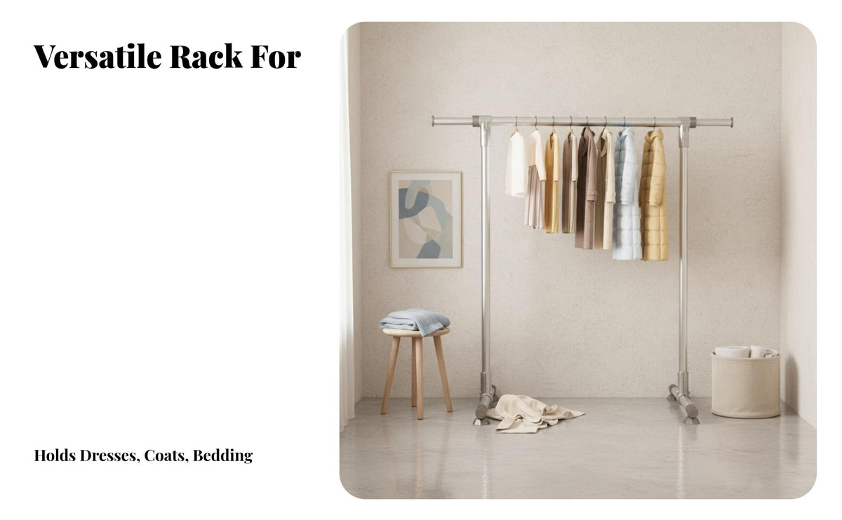 Freestanding Design Adjustable Costumer Stand Mobile with Rolling Casters Wheeled Single Clothing Rack Lockable casters Laundry Supply for households, Apartment Dwellers, Students, Bedroom, Balcony, Dorm Room