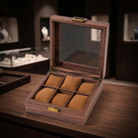 Display-Style Watch Storage Box with Transparent Lid Wood-Grain 6-Slot Watch Organizer Compact Soft for Dresser