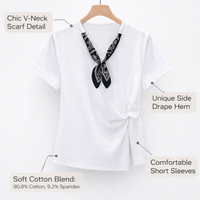 Womens Shirts with V-Neckline and Short Sleeves, Ribbed Ladies T with Concealing Design