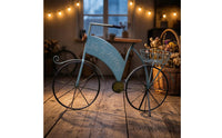 Wire Basket Distressed Iron Two-Wheeler Blue Retro Two-Wheeler Ornament Spoked Wheels Iron Bike Ornament Embossed Lettering for Courtyard, Landscape Display, Villa, Kindergarten