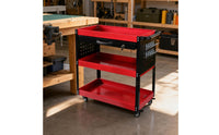 Stable Three-Tier Tool Cart with Drawer Customizable Mobile Service Cart with Pegboard Secure Rolling Workshop Organizer Vertical for DIY Enthusiasts, Repair Station
